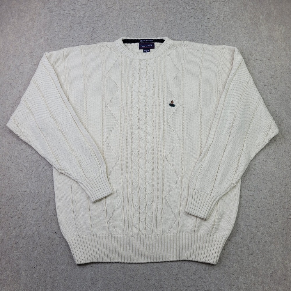 Vintage Gant Hand Framed Cable Knit Sweater Mens XL Pullover Off White Crest 90s
